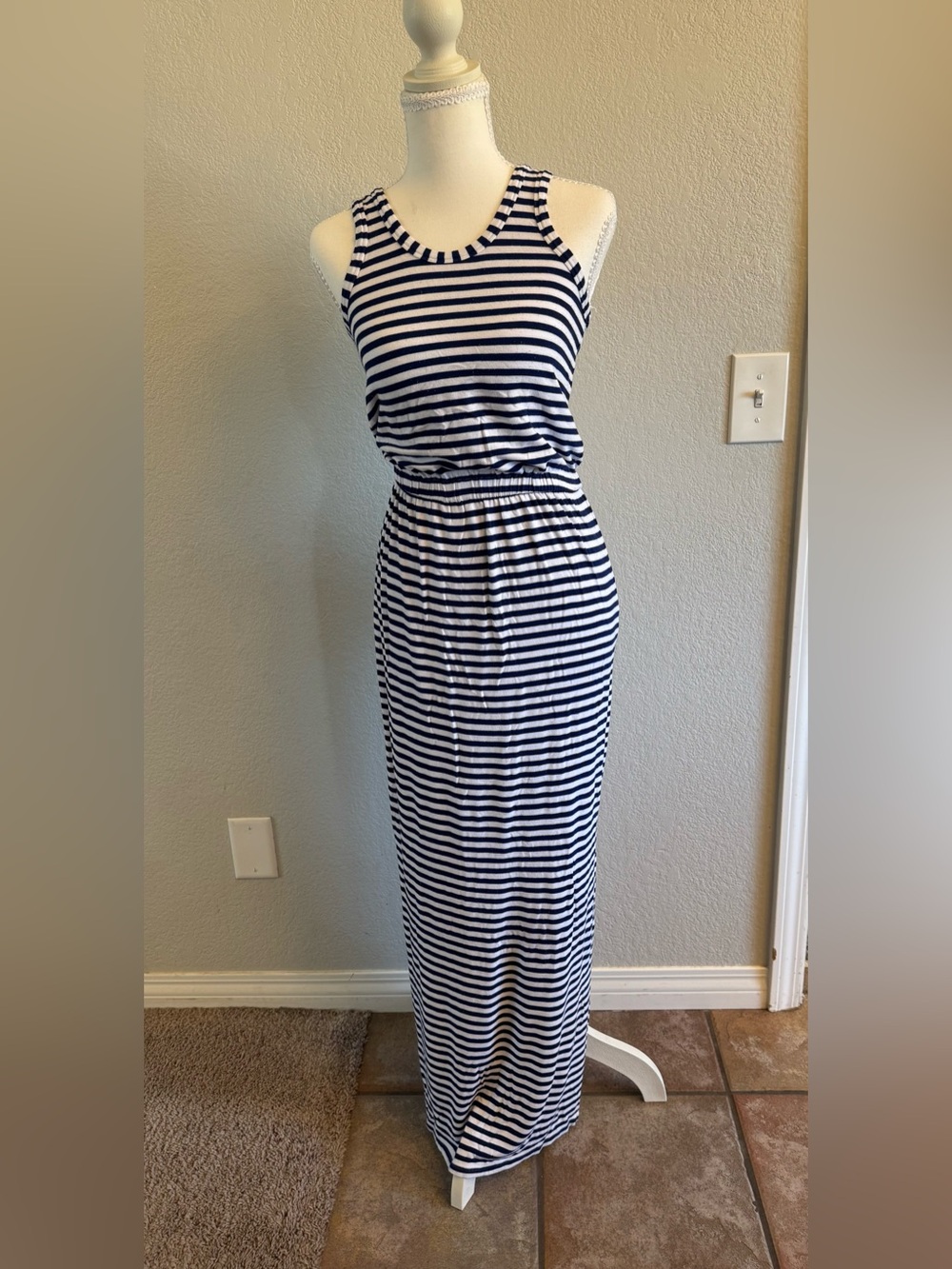 J. Crew Navy and White Striped Racerback Maxi Dress